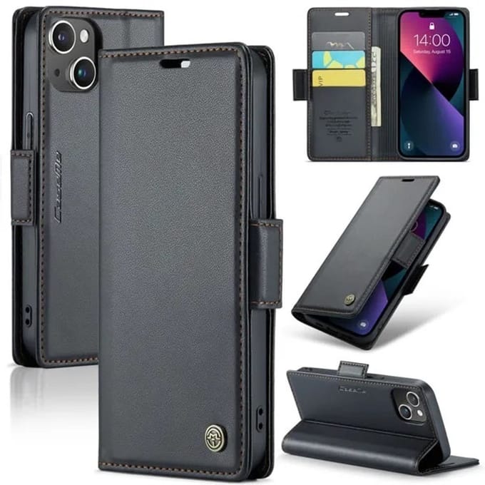 CaseMe Wallet Case met RFID Bescherming en Magneetsluiting voor iPhone 14 _ Zwart