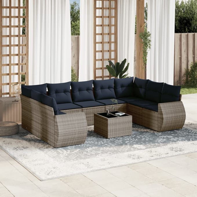 vidaXL - 10-delige - tuinbankset - met - kussens, - grijs - polyrotan