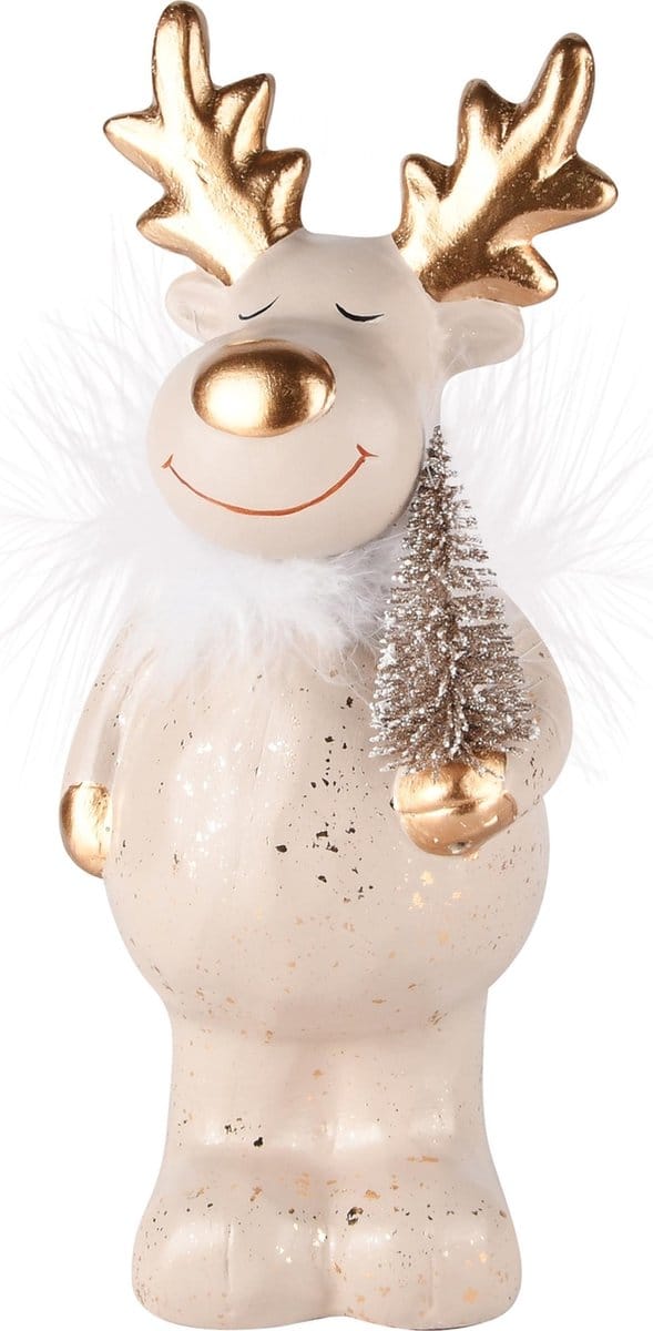 Dekoratief | Rendier staand m/boompje, beige/goud, TC, 12x12x29cm | A245207