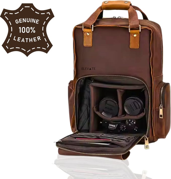 ELEVATE® Leren Camera Rugzak – 100% Echt Leer – Handgemaakt – DSLR / System Camera Backpack – Laptopvak 15.6” – Premium Fototas – Cognac