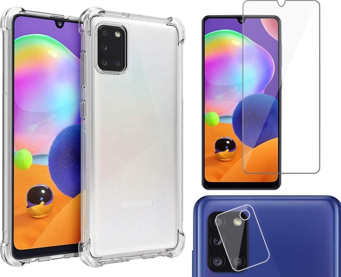 Hoesje geschikt voor Samsung Galaxy A31 - Transparant Shock Proof Case + Screen Protector + Camera Protector