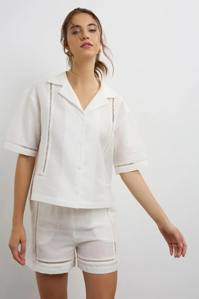Linnen Korte Mouwen Shirt met Uitsnijding Detail