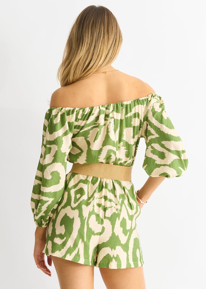 Groen Abstract Bardot Viscose Playsuit met ceintuur