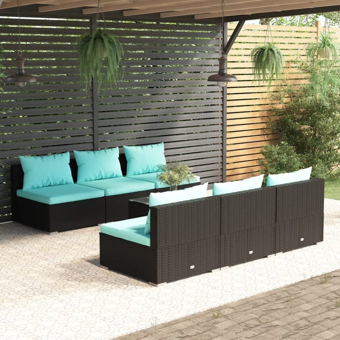 vidaXL - 7-delige - Loungeset - met - kussens - poly - rattan - zwart