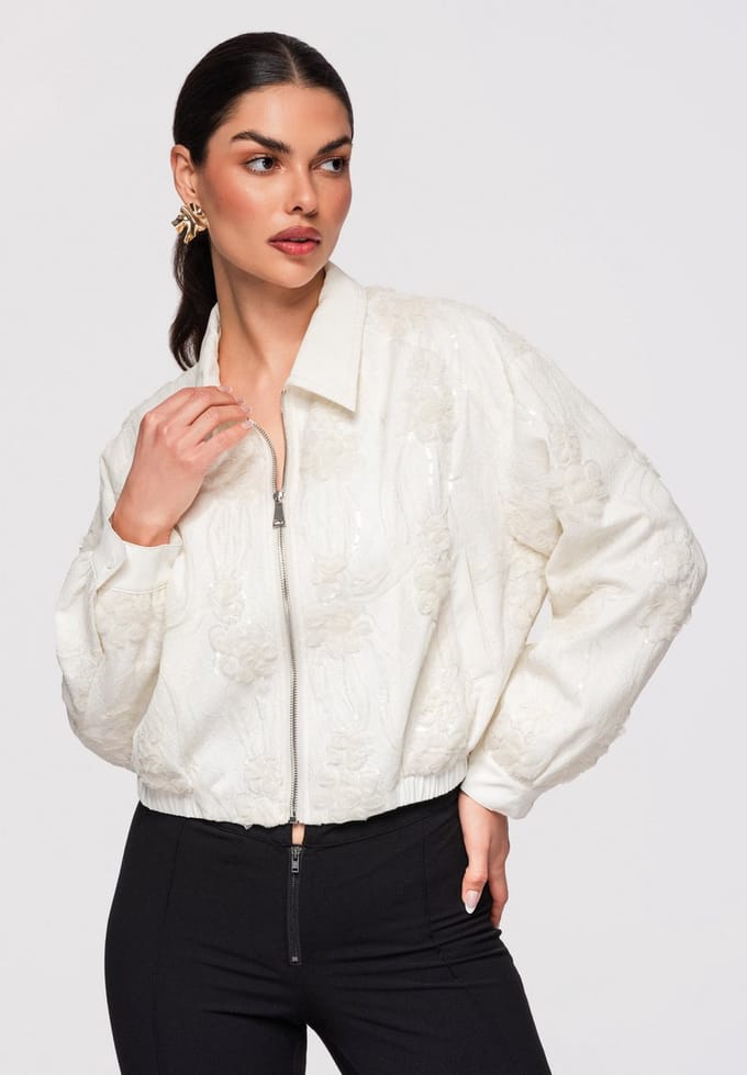 OMBRE Jas - Lange Mouw - Rits - Gebloemd Ecru M