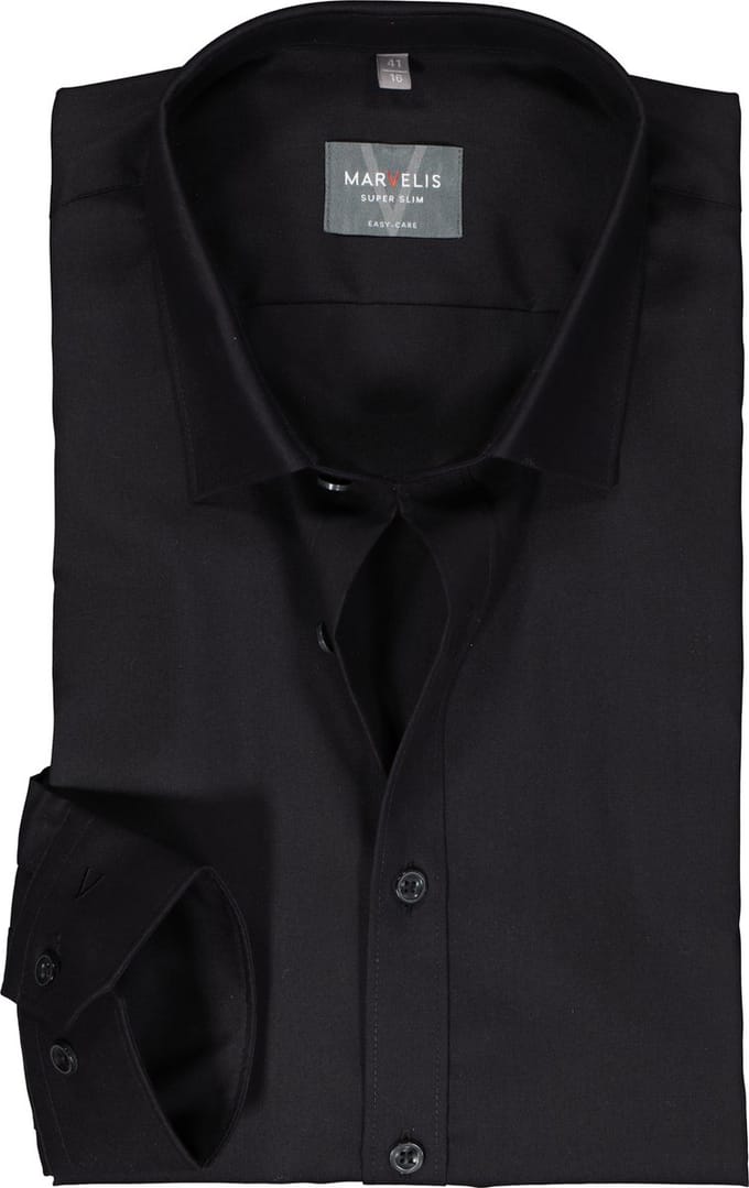 MARVELIS super slim fit overhemd - mouwlengte 7 - popeline - zwart - Strijkvriendelijk - Boordmaat: 40 (EU maat: M)