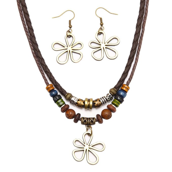 Trendy Persoonlijkheid Boheemse Kralen Wax Touw Ketting Trui Ketting Mode Oorbellen Ketting Set black