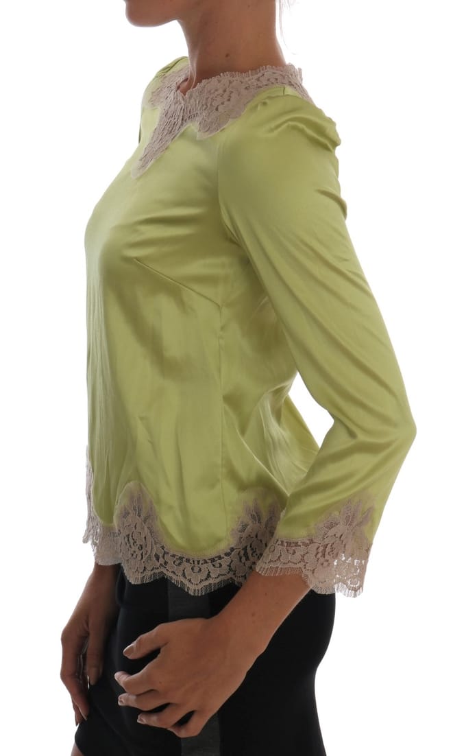 Limegroene Zijde Blouse met Kantafwerking