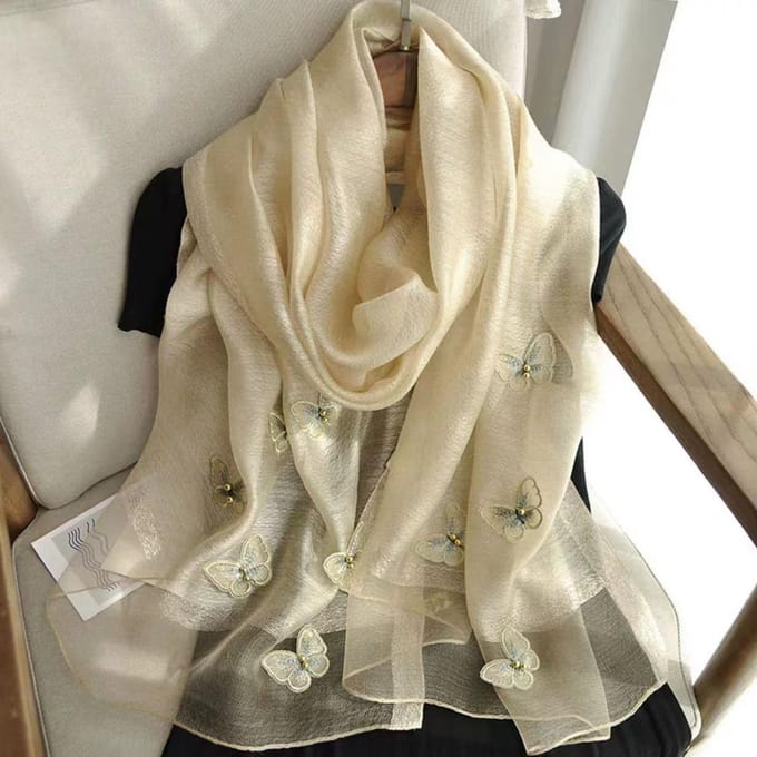 Vlinder Moerbeizijde Gemengde Lange Sjaal voor Lente- en Herfstmode beige