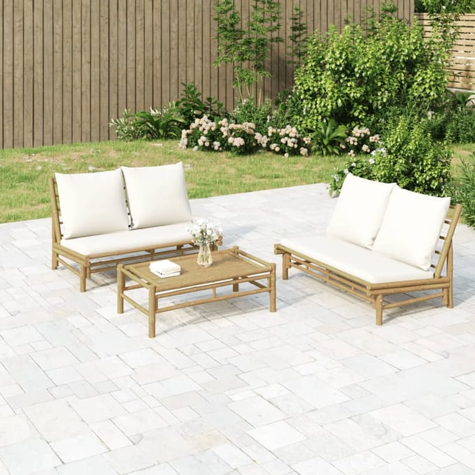 Vidaxl 2-Cz. Ensemble de Meubles de Jardin, Coussins Crème, Bambou