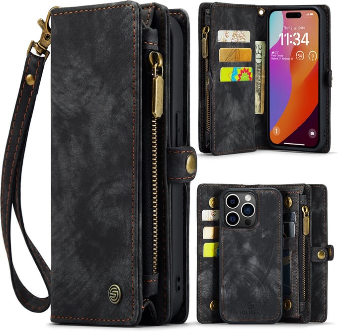 Solidenz hoesje geschikt voor iPhone 15 Pro Max – wallet met ritsvak en pasjeshouder – zwart