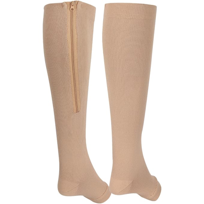 2 stuks compressiesokken met ritssluiting, steunkousen, elastische open teenbeensteunkous beige