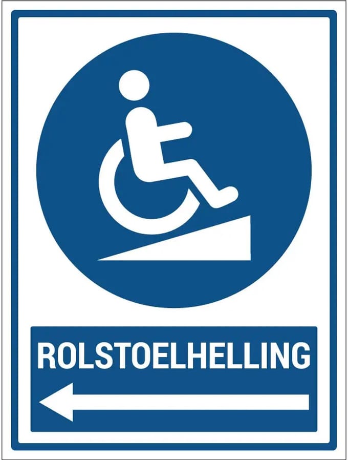 Rolstoelhelling links sticker met tekst | 40 x 30 cm
