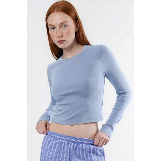 Slim Fit Lange Mouwen Crop Top met Ronde Hals