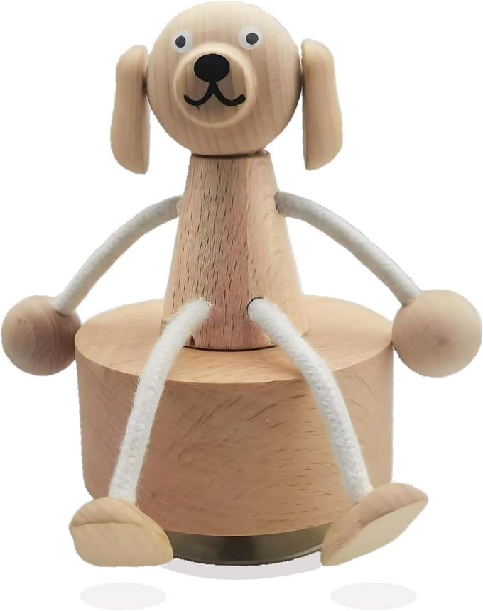 Houten Muziekdoos Hond - Grappig Beeldje - Cadeau Idee - Flexibele Houding - 7.5 x 7.5 x 12 cm