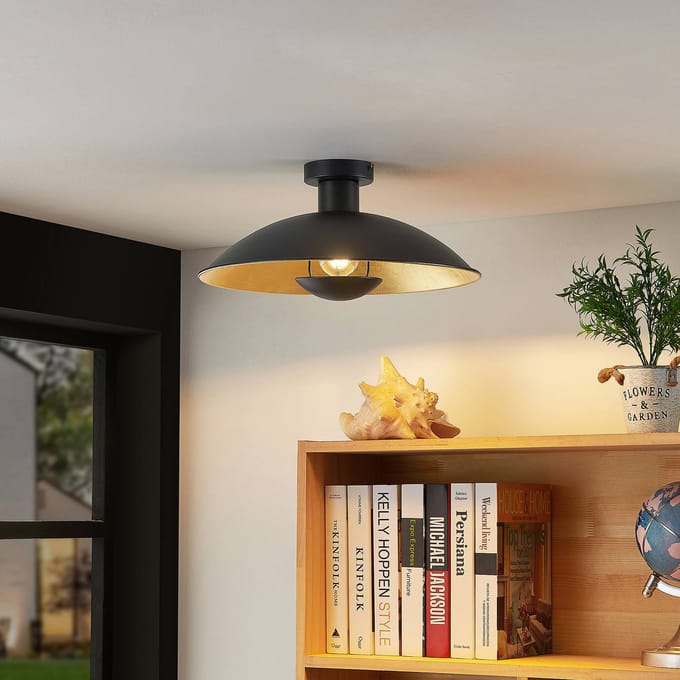 Lindby - plafondlamp - 1licht - IJzer - H: 19 cm - E27 - zwart, goud