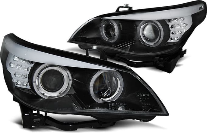 Koplampen Xenon D2S - voor BMW E60/E61 2003-2004 - LED angel eyes - zwart