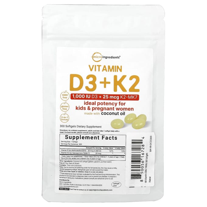 Micro Ingredients, Vitamine D3 + K2, 300 Gélules Molles
