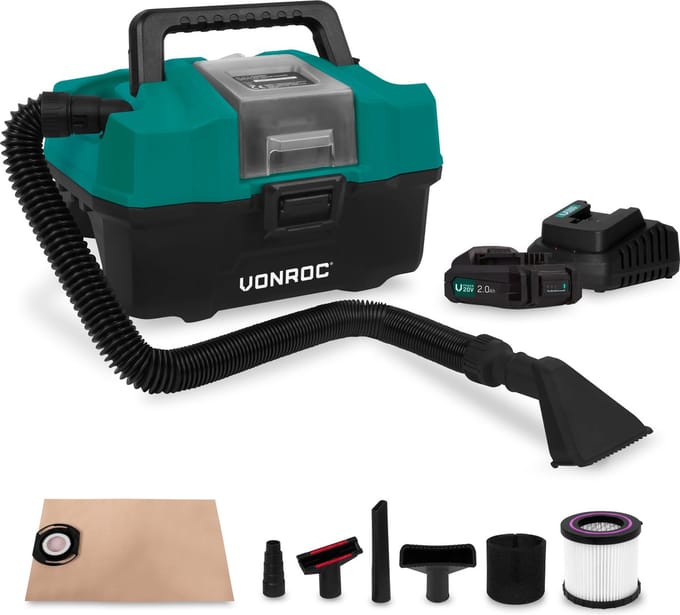 VONROC Compacte alleszuiger / stofzuiger - 20V - Incl. Diverse accessoires, 2x 2.0Ah accu en snellader