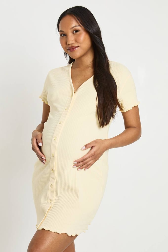 boohoo Dames Zwangerschaps Geribbeld Doorknoop Nachthemd | Citroen | Maat: 36