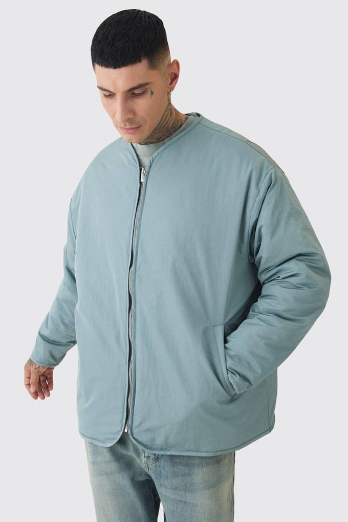 Tall Oversized Collarless Padded Bomber Jacket In Slate | Size Medium