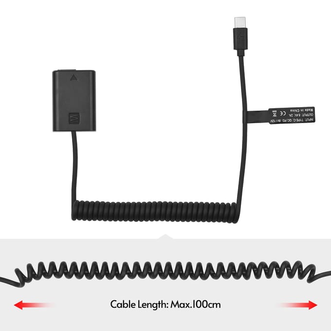 Andoer NP-FW50 Dummy-batterij USB-C-koppeladapter met USB Type-C-veervoedingskabel Vervanging zwart