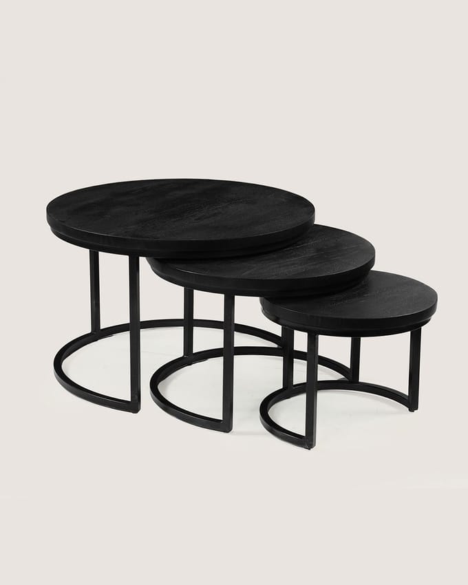 Salontafel Set van 3 Mangohout – Rond – Zwart – Industrieel