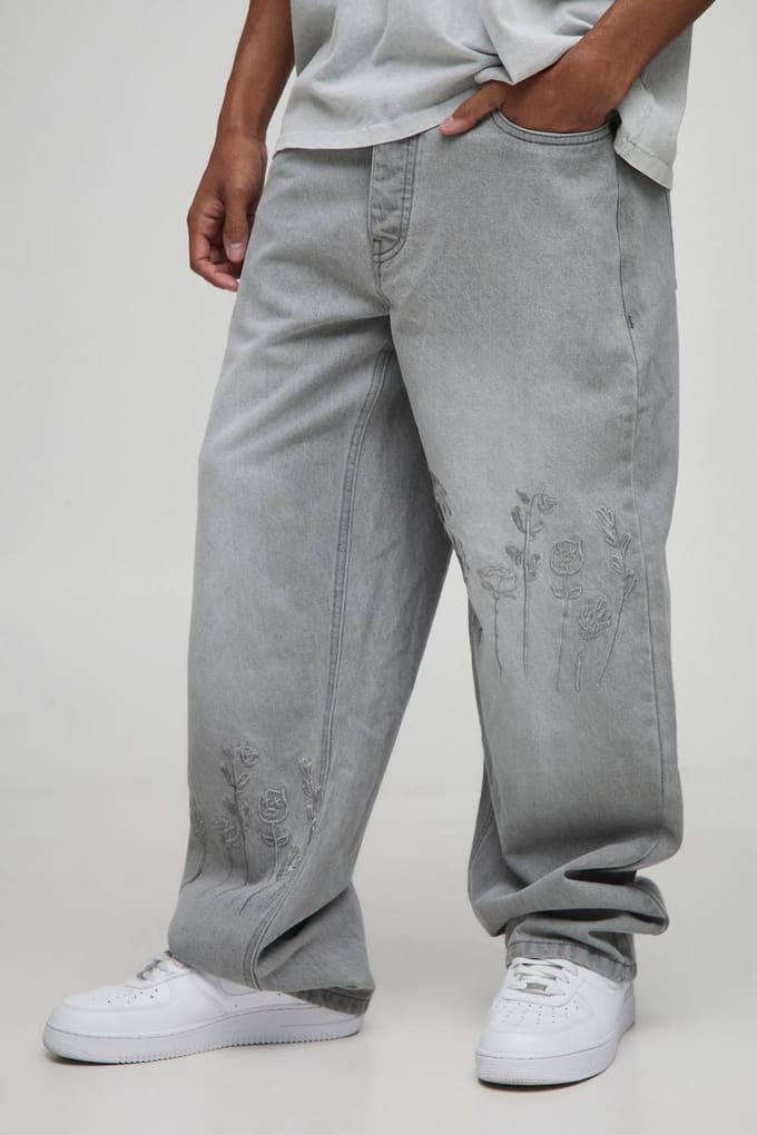Relaxte denim jeans met bloemrijke borduursels | Grey | Size 30R