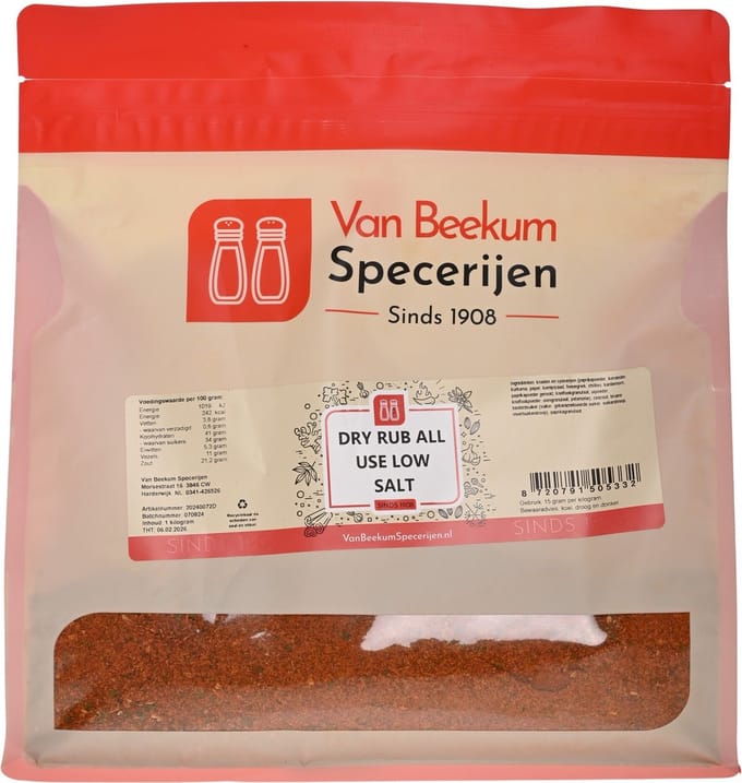 Van Beekum Specerijen - Dry Rub All Use Low Salt - 2 KG (hersluitbare stazak)