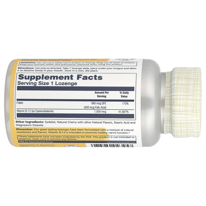 Vitamine B-12, Foliumzuur Zuigtabletten, Natuurlijke Kersensmaak, 1.000 mg, 90 Zuigtabletten
