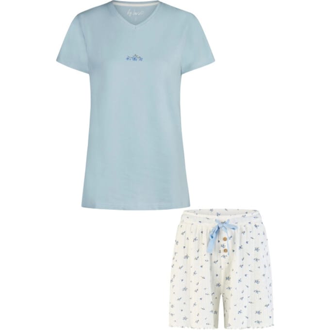 By Louise Dames Korte Pyjama Set Shortama Lichtblauw/Wit Gebloemd - Maat S