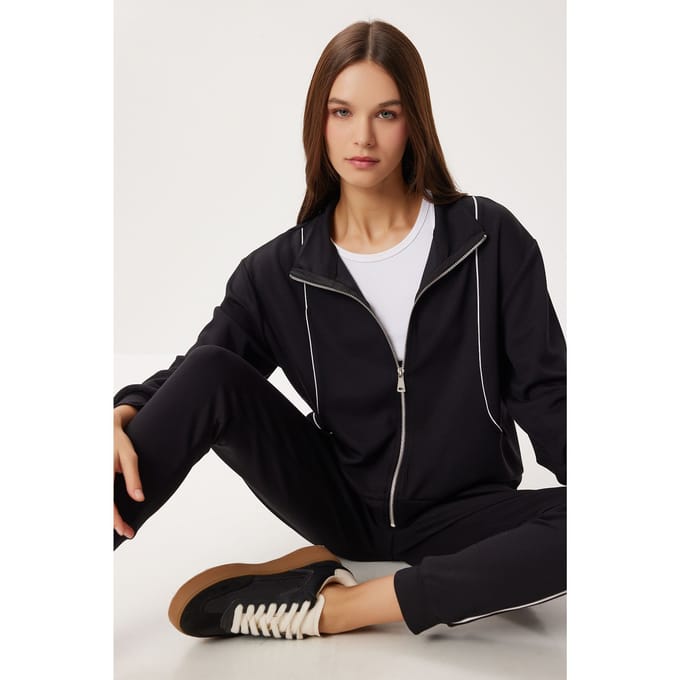 Contrasterende Binding Gedetailleerde Rits Sweatshirt & Jogger Tweedelige Set