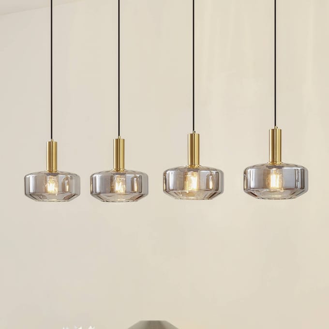 Lindby - hanglamp - 4lichts - Glas, ijzer - H: 11.8 cm - E27 - rookgrijs, messing