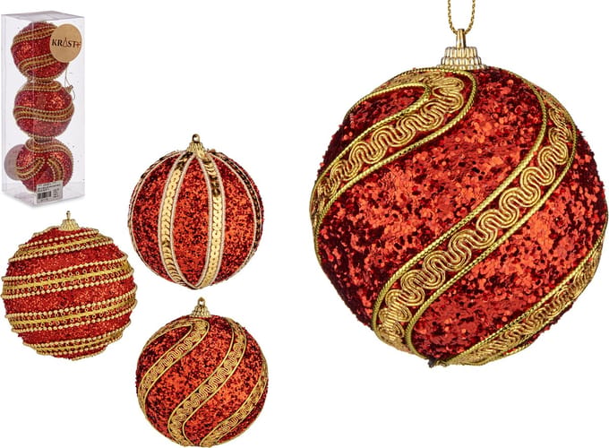 Krist+ gedecoreerde kerstballen - 3x stuks - rood/goud - kunststof - 8 cm