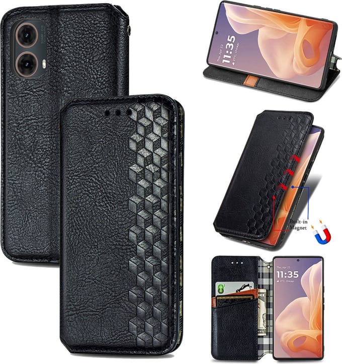 Luxe PU Lederen Ruitpatroon Wallet Case + Glas Screenprotector voor Moto G85 _ Zwart