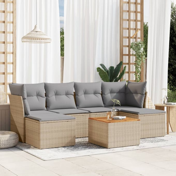 vidaXL - 7-delige - Loungeset - met - kussens - poly - rattan - beige