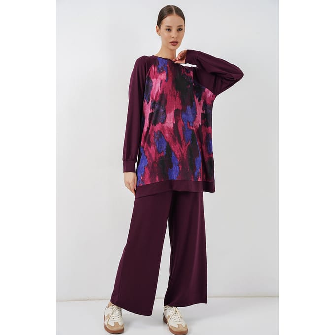Oversized abstracte print crewneck tuniek en broek set