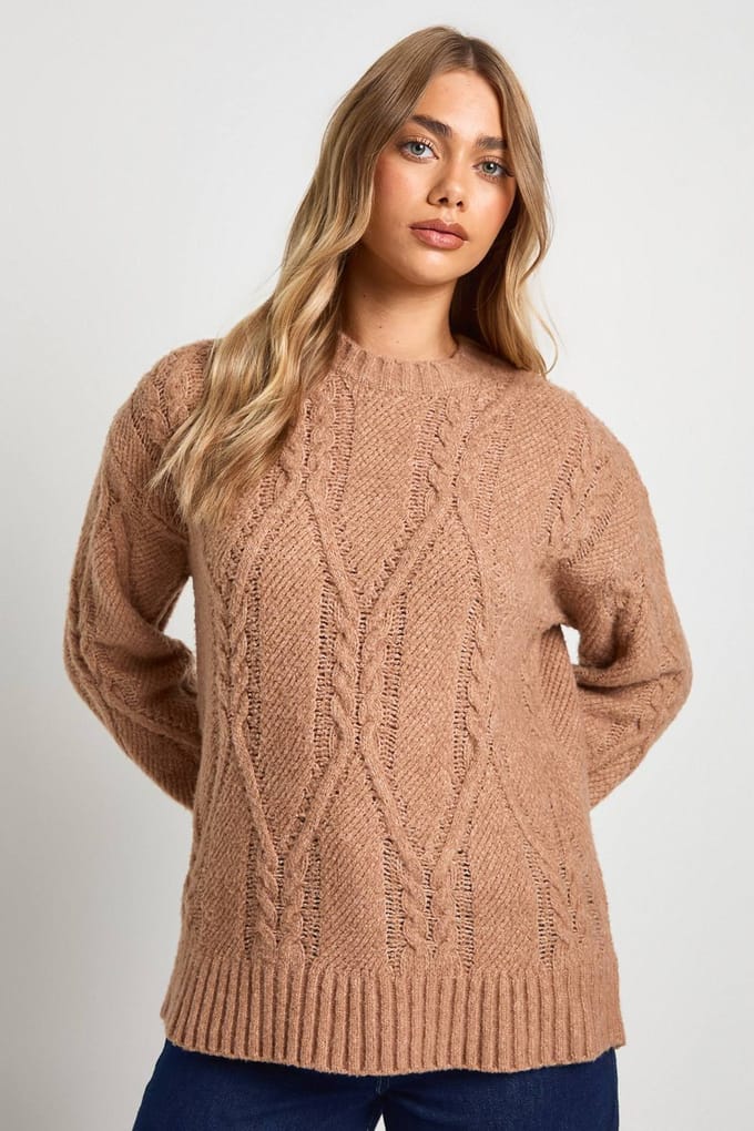 boohoo Dames Superzachte kabelgebreide trui | Taupe | Maat: Medium