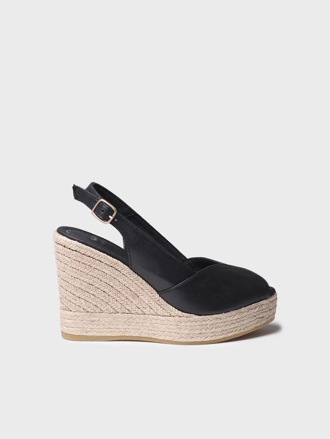 Dames espadrille met hoge hakken, open neus en sleehak van leer | OPRAH