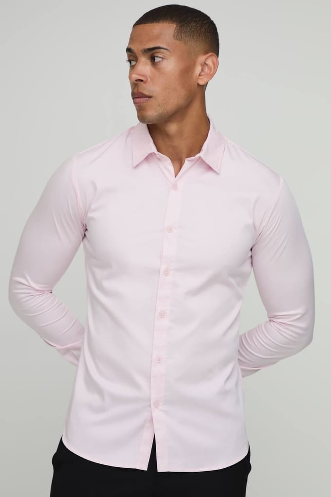 Stretch Fit Shirt met Lange Mouwen | Light Pink | Size XL