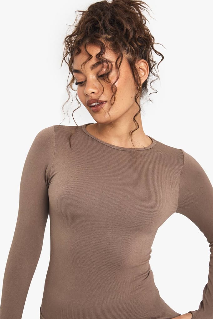 Dames Boohoo Basics Naadloze Rib Long Sleeve Top | Mocha | Maat: Large