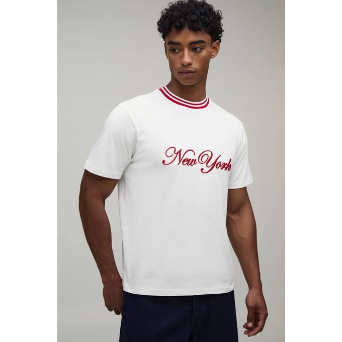 Regular Fit New York Hi-Build Embroidered T-Shirt | Ecru | Size Medium