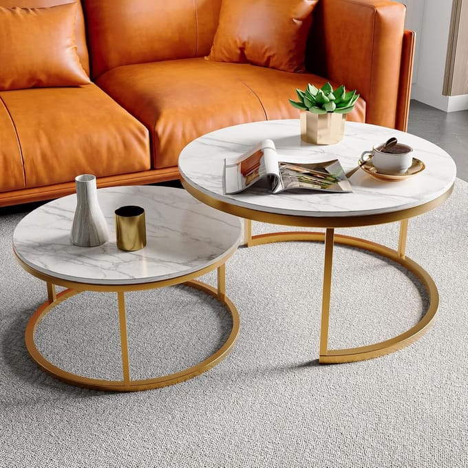 Set van 2 Ronde Salontafels met Opbergruimte en Metalen Frame