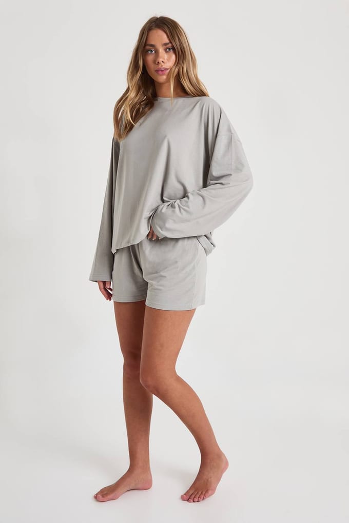 boohoo Dames Modal Oversized Lange Mouw Top & Shorts Pyjama Set | Grey | Maat: 8