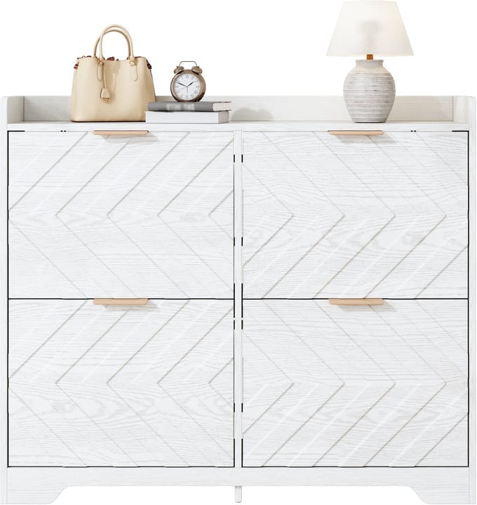 Clruro Schoenenkast - Met 4 Kleppen En 3D Front - Met Bovenblad - Hout - Wit