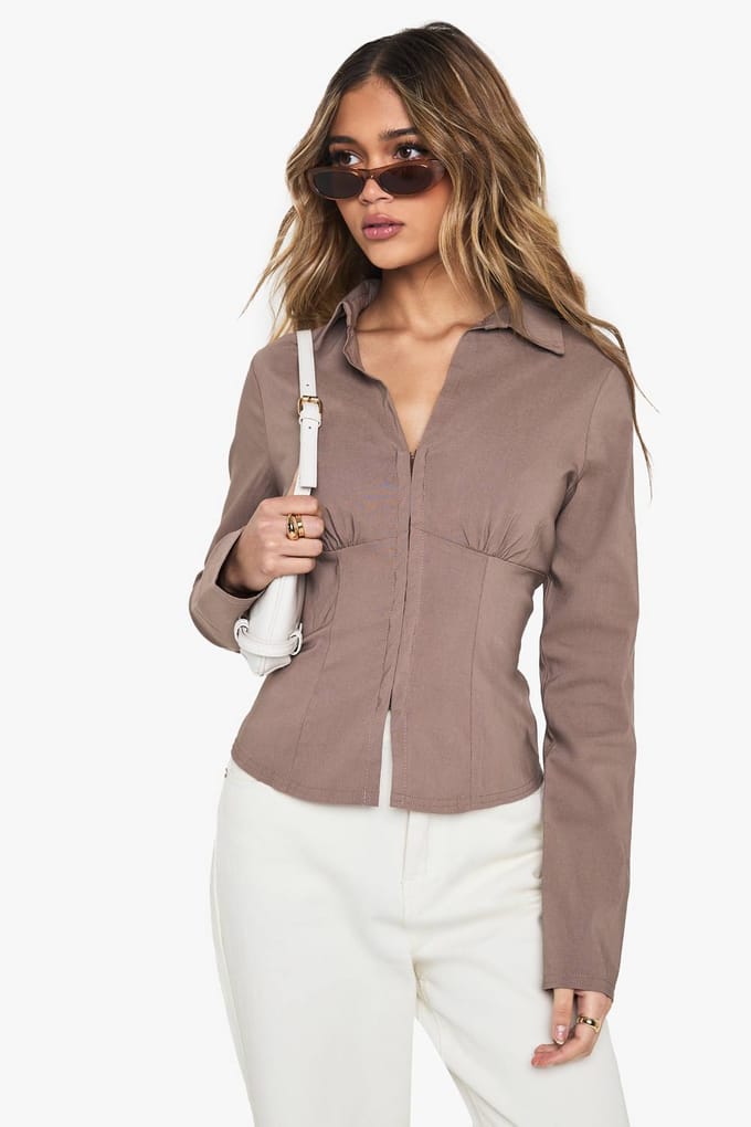 boohoo Dames Bengaline top met kraag en haak-en-oogsluiting | Mocha | Maat: 16