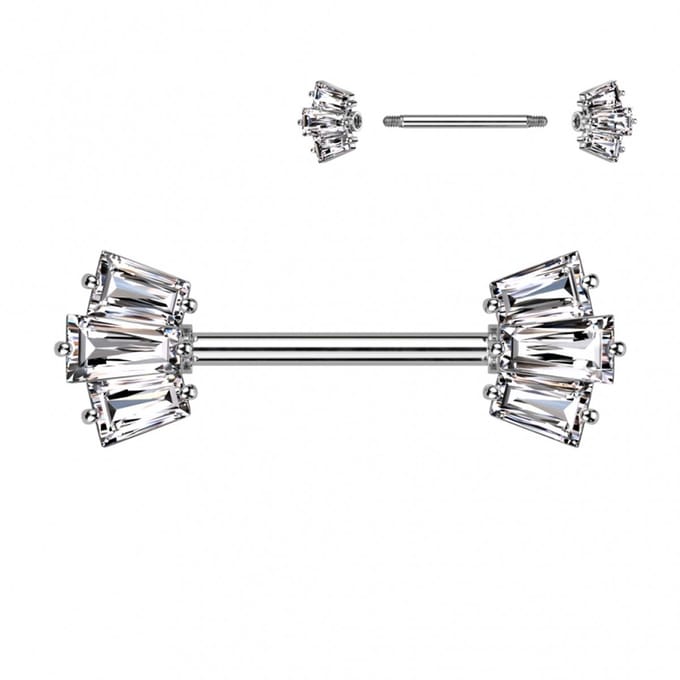 Tepelpiercing PVD 5 Baguette prong-set crown ends 1.6x14 - zilver - LMPiercings