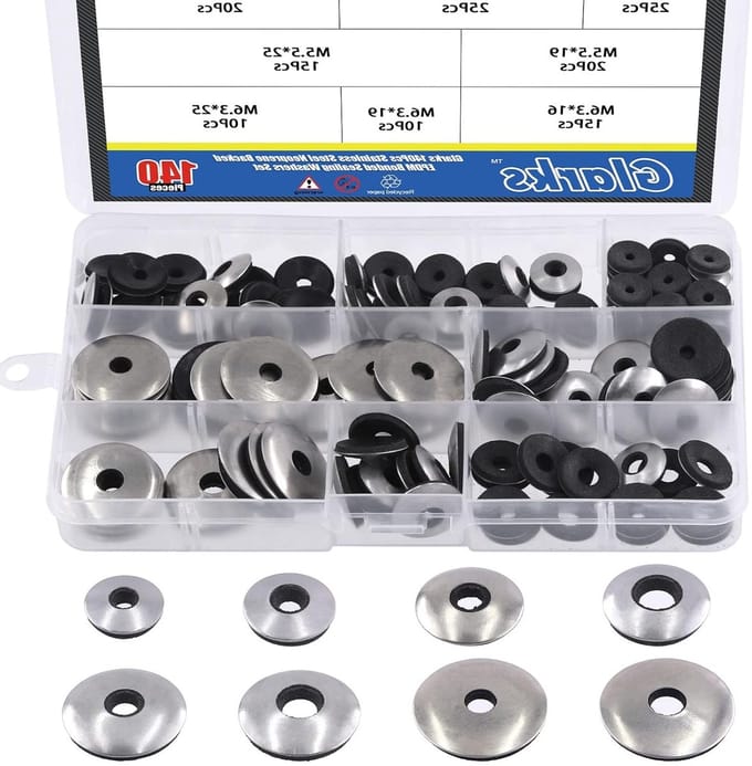140 Stuks EPDM Gecoate RVS Afsluitringen Assortiment Kit voor Schroeven #4, #5 en #6, Diverse Maten