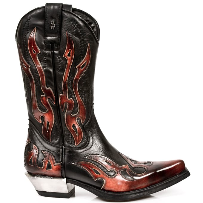 New Rock Flame geaccentueerde zwart/rode halfhoge cowboylaarzen-7921-S2