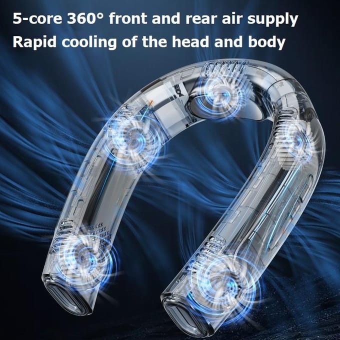 Ventilateur de refroidissement Portable, moteur Penta-Core, ventilateur de cou d'été, 2024 mah, Rechargeable par USB, vent Surround à 360 °, silencieux, sans lame, 6000 bleu